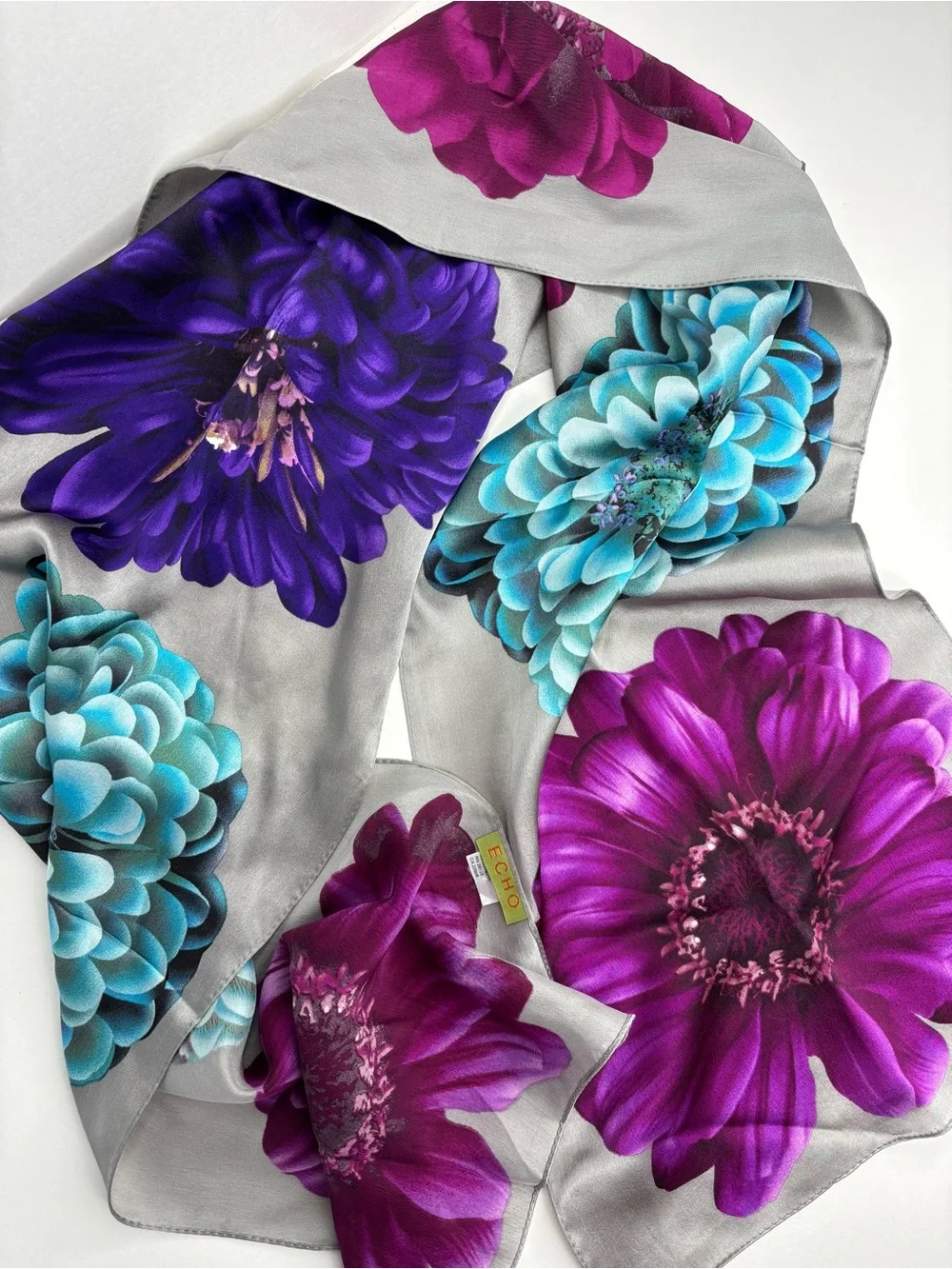 Vintage Echo Silk Scarf Silver Grey w Magenta, Teal & Purple‎ Floral Accents